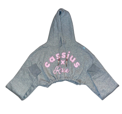 Pastel pink graphic full rhinestones - cropped grey hoodie