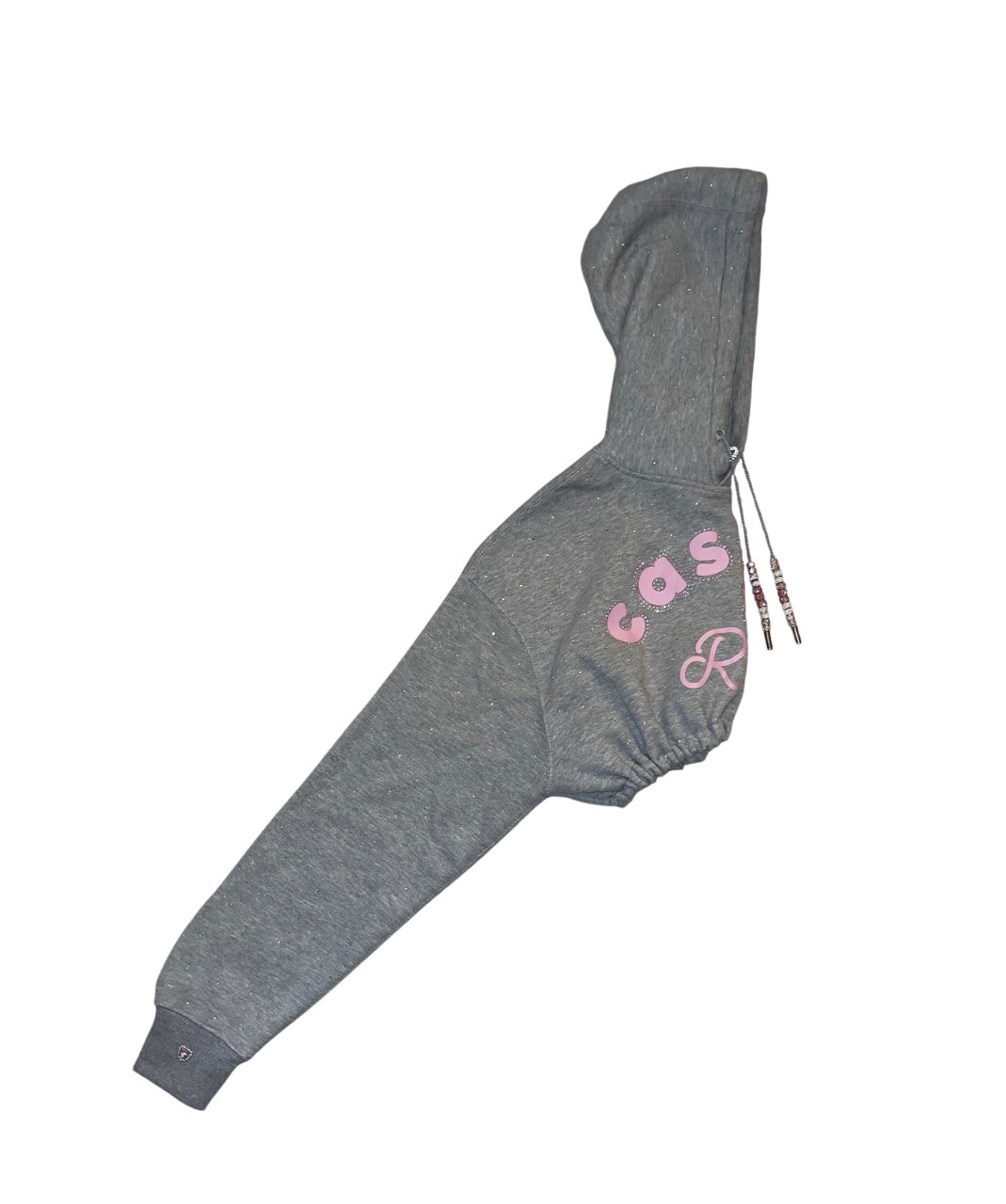 Pastel pink graphic full rhinestones - cropped grey hoodie