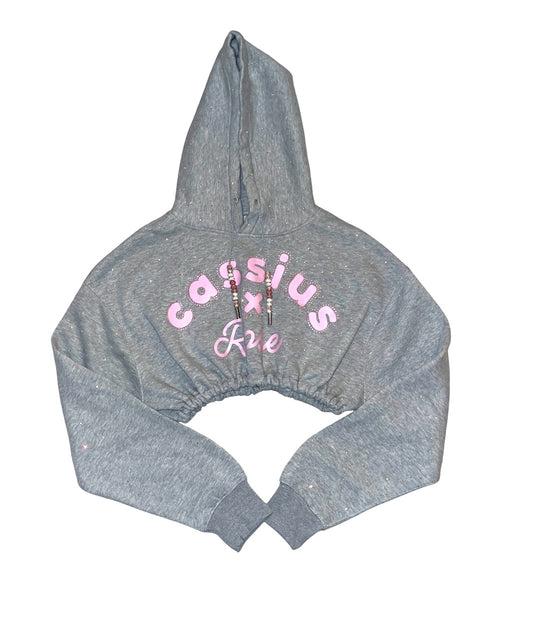 Pastel pink graphic full rhinestones - cropped grey hoodie