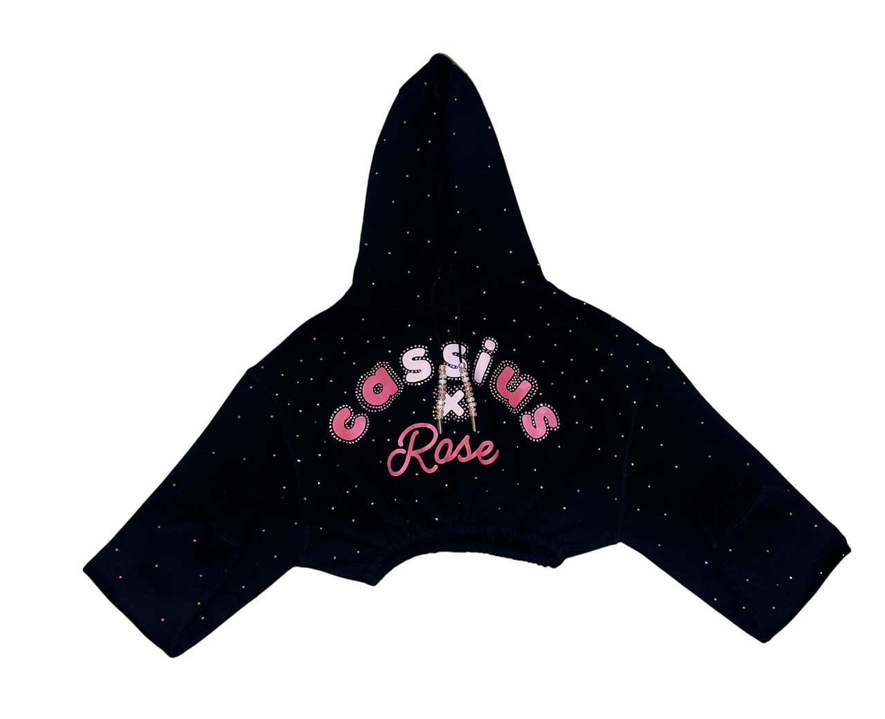 Pink colors graphic full rhinestones - cropped black hoodie