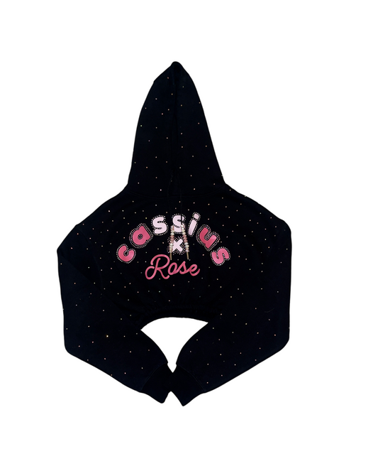 Pink colors graphic full rhinestones - cropped black hoodie