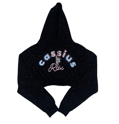 Blue/pink colors graphic full rhinestones - cropped black hoodie