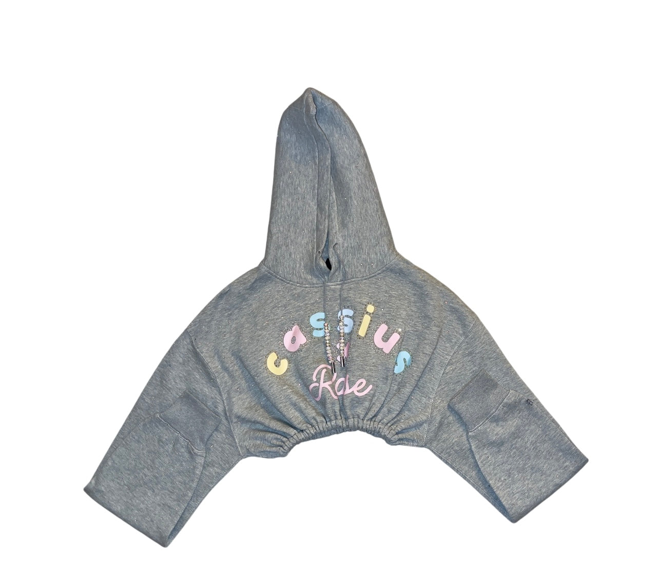 Pastel colors graphic full rhinestones - cropped grey hoodie