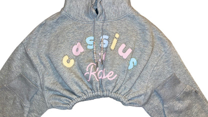 Pastel colors graphic full rhinestones - cropped grey hoodie