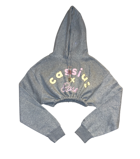 Yellow/pink pastel colors graphic full rhinestones - cropped grey hoodie