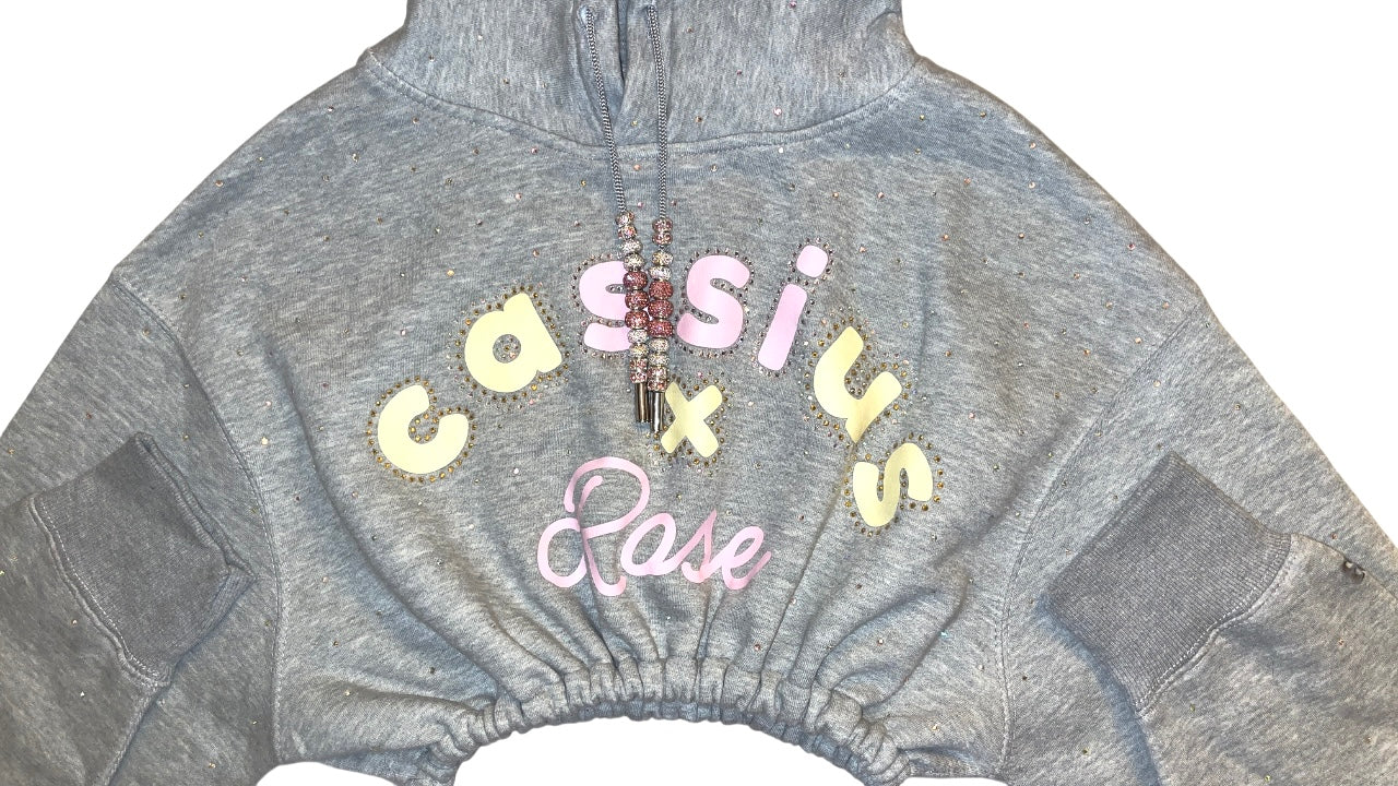 Yellow/pink pastel colors graphic full rhinestones - cropped grey hoodie