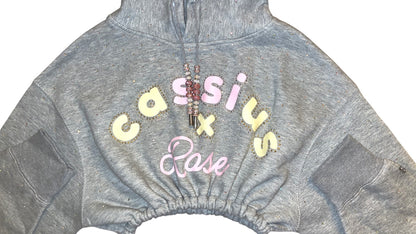 Yellow/pink pastel colors graphic full rhinestones - cropped grey hoodie