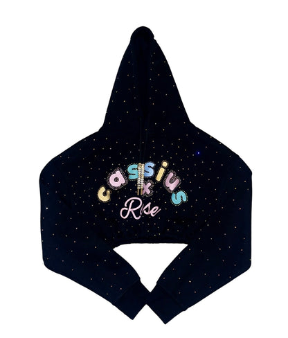 Pastel colors graphic full rhinestones - cropped black hoodie